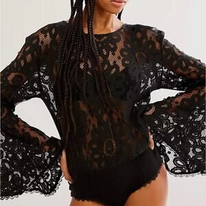 free people black lace flare sleeve bodysuit
